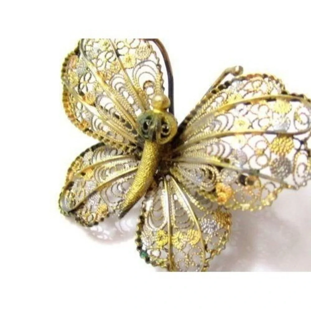 Beautiful 2 Tone Vintage Solid Silver Lacey Filigree‎ Butterfly Brooch Pin 800